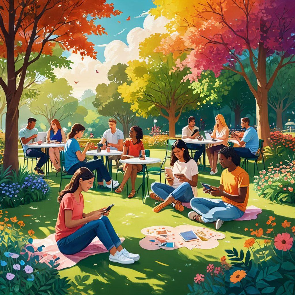 A vibrant, colorful illustration depicting a diverse group of people joyfully sharing and creating content together, surrounded by floating digital elements like comments, likes, and hearts. The scene conveys a sense of community and connection, with warm and inviting colors. The background showcases a dreamy landscape representing creativity, such as a sunlit park or a cozy café. Include elements of digital interaction like smartphones and tablets in their hands. painting, vibrant colors.