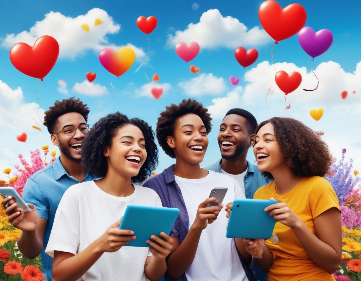A vibrant, diverse group of people joyfully interacting on various digital devices, surrounded by colorful illustrations of flowers and hearts symbolizing community and happiness. Include elements like speech bubbles filled with positive messages and emojis to represent engagement and connection. The background features a bright blue sky suggesting a carefree environment. super-realistic. vibrant colors. white background.