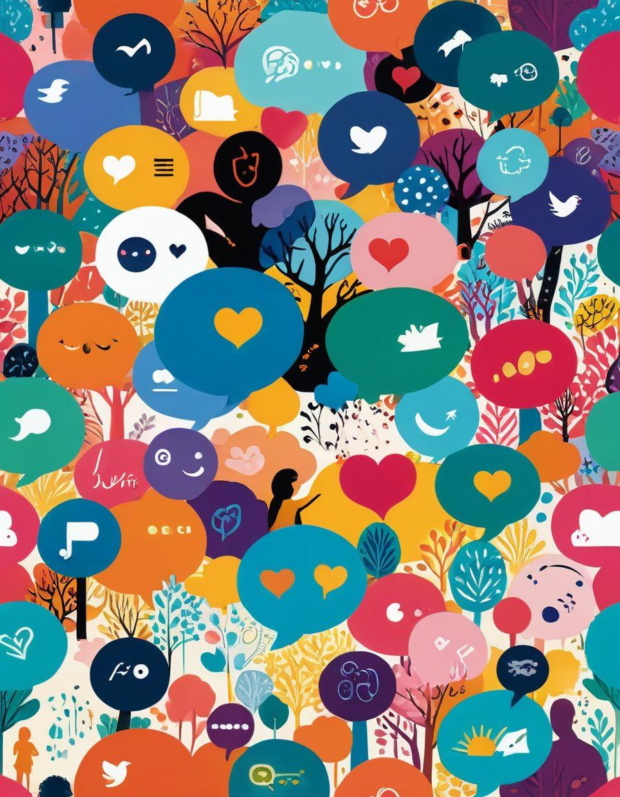 A vibrant digital landscape illustrating people connecting in a joyous manner through various social media platforms. Include colorful chat bubbles, heart icons, and smiling faces representing diversity. Background should feature a blend of technology and nature, symbolizing harmony. Use bright, uplifting colors and a sense of celebration. surreal art style.